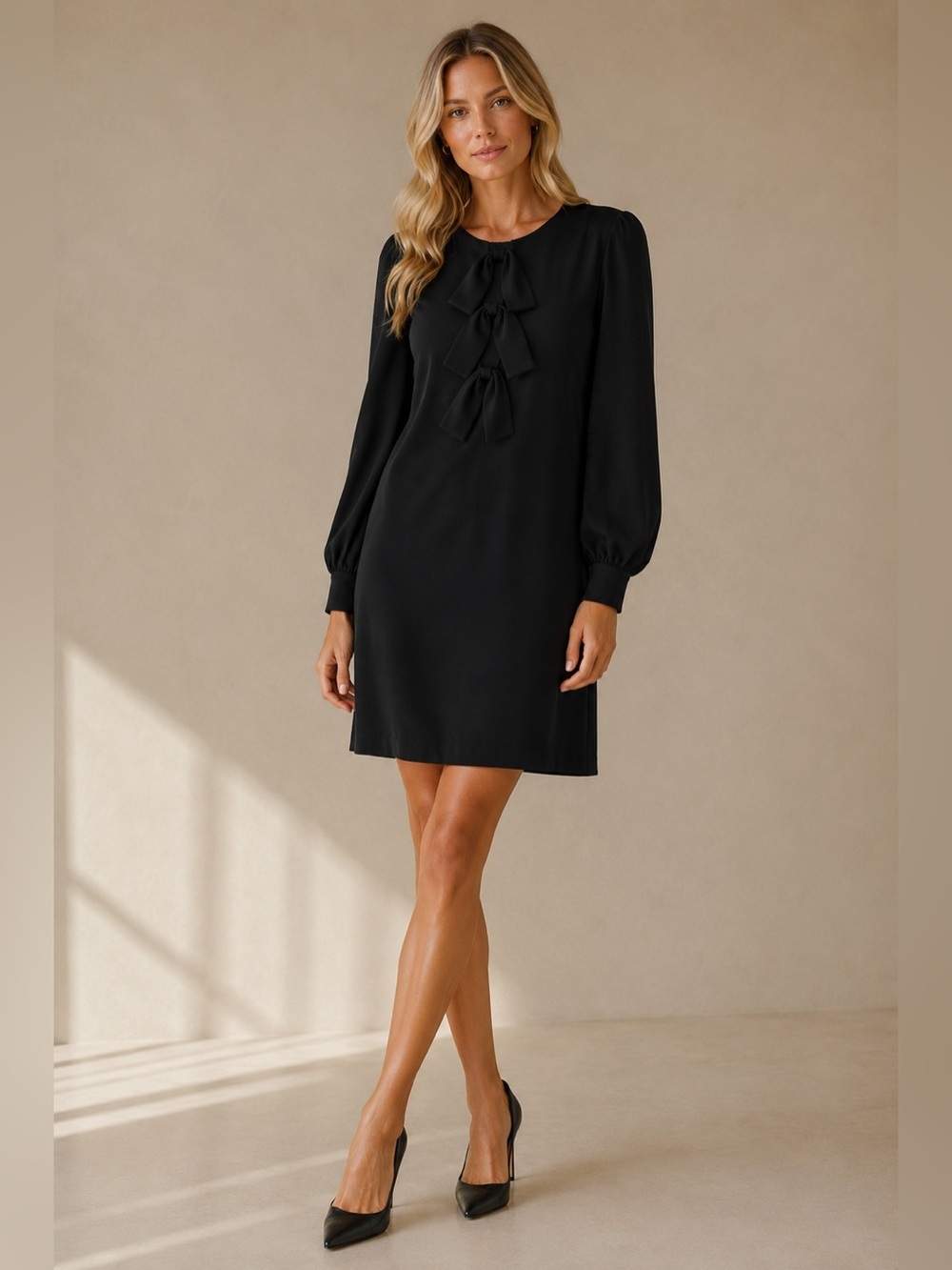 London Times Black Ruffle Tie Neck Shift Dress Size 6